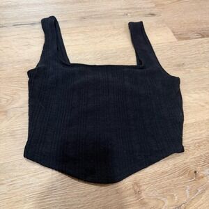 7DAY WKND Womens Black Ribbed Knit Corset Tank Top Square Neck Curved Hem M